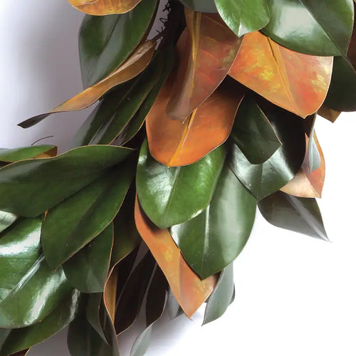 Close-up of the Grand Magnolia Leaf Wreath by Napa Home & Garden, featuring a blend of green and orange southern magnolia leaves, beautifully overlapping against a white background. This wreath is ideal for interior decor or crafting a stunning focal piece.