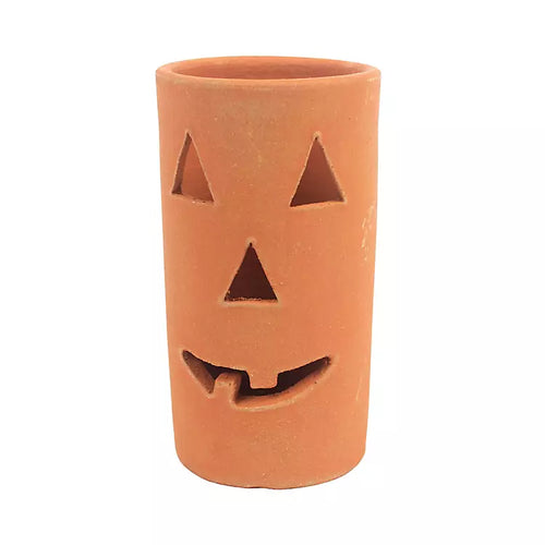 Enhance your Halloween party with the Kalalou Halloween Decor - Clay Jack-O-Lanterns (set of 6). Each terracotta cylindrical candle holder features a carved-out Jack-o'-lantern face with triangle eyes and nose, along with a smile, perfect for adding a spooky touch. For an eco-friendly glow, pair them with rechargeable candles.