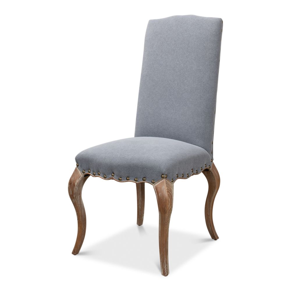 blue linen dining chair curved legs 