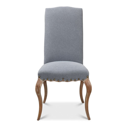 blue linen dining chair curved legs 