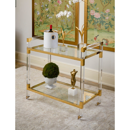 bar cart acrylic tempered glass brass details shelves wheels