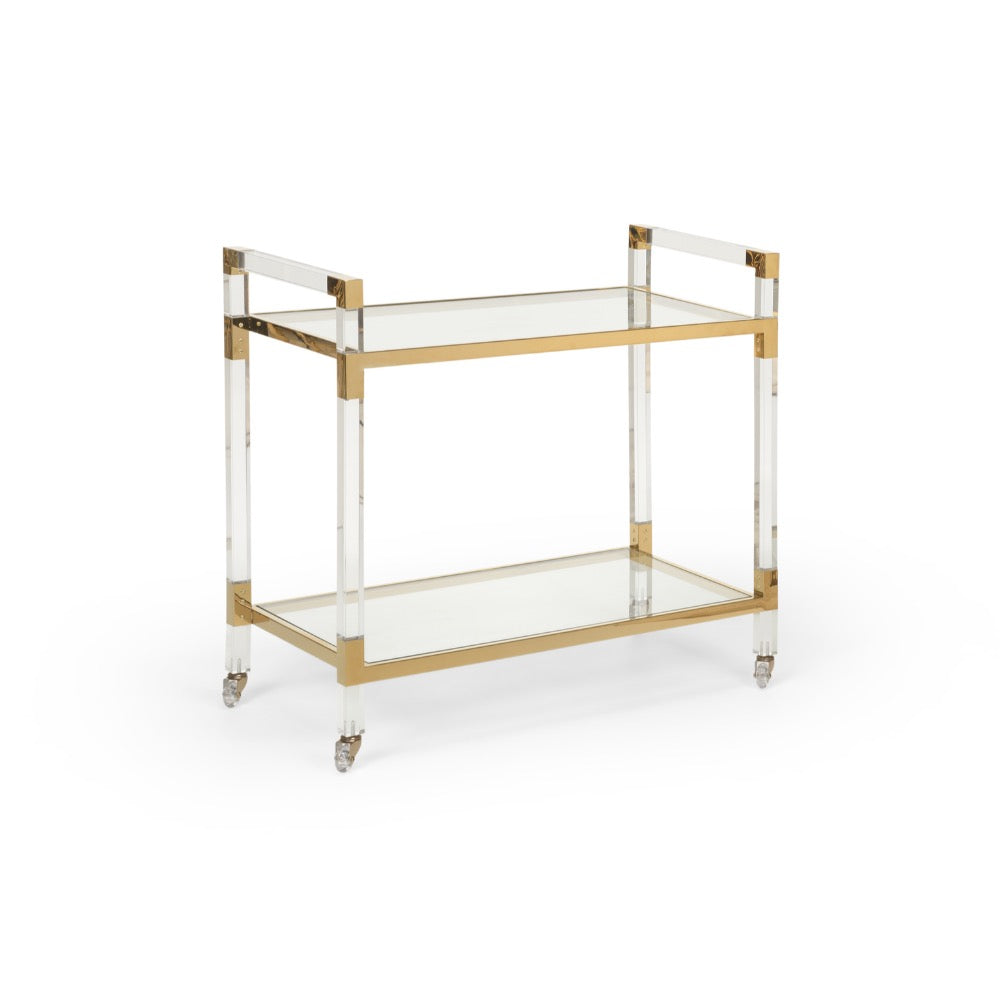 bar cart acrylic tempered glass brass details shelves wheels