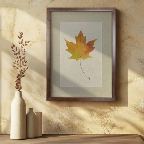 photography handmade paper maple leaf nature wall art in wooden frame on neutral wall