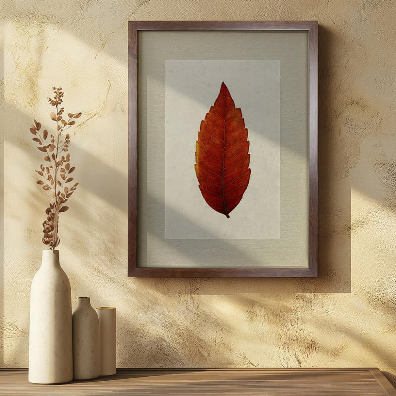 photography handmade paper sumac leaf nature wall art in wooden frame on neutral wall