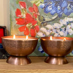 pair of candle bowl pedestal copper patina 2 wick etched rim