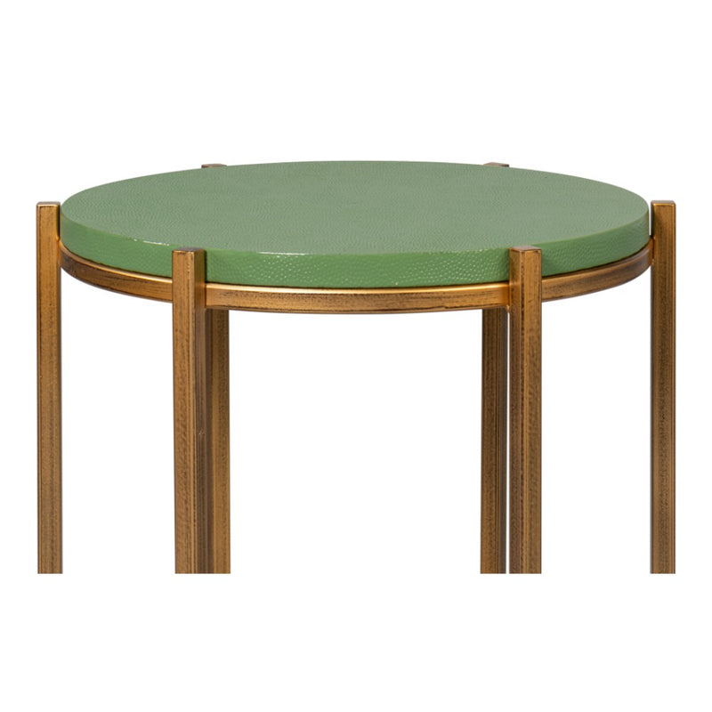 watercress shagreen round side table gold frame leather wood iron