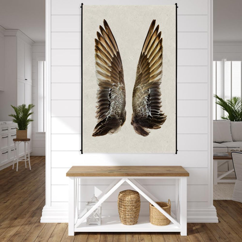 oversized duck wings photography art framed brown on shiplap wall over a table