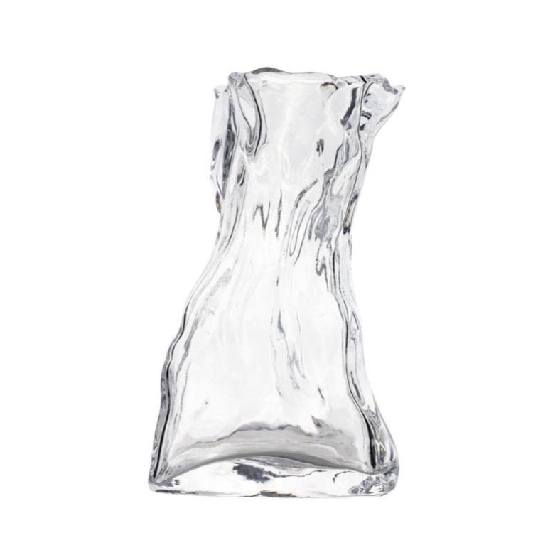 Le Sack Large Glass Vase by Abigails features a wavy, abstract design and wide base.