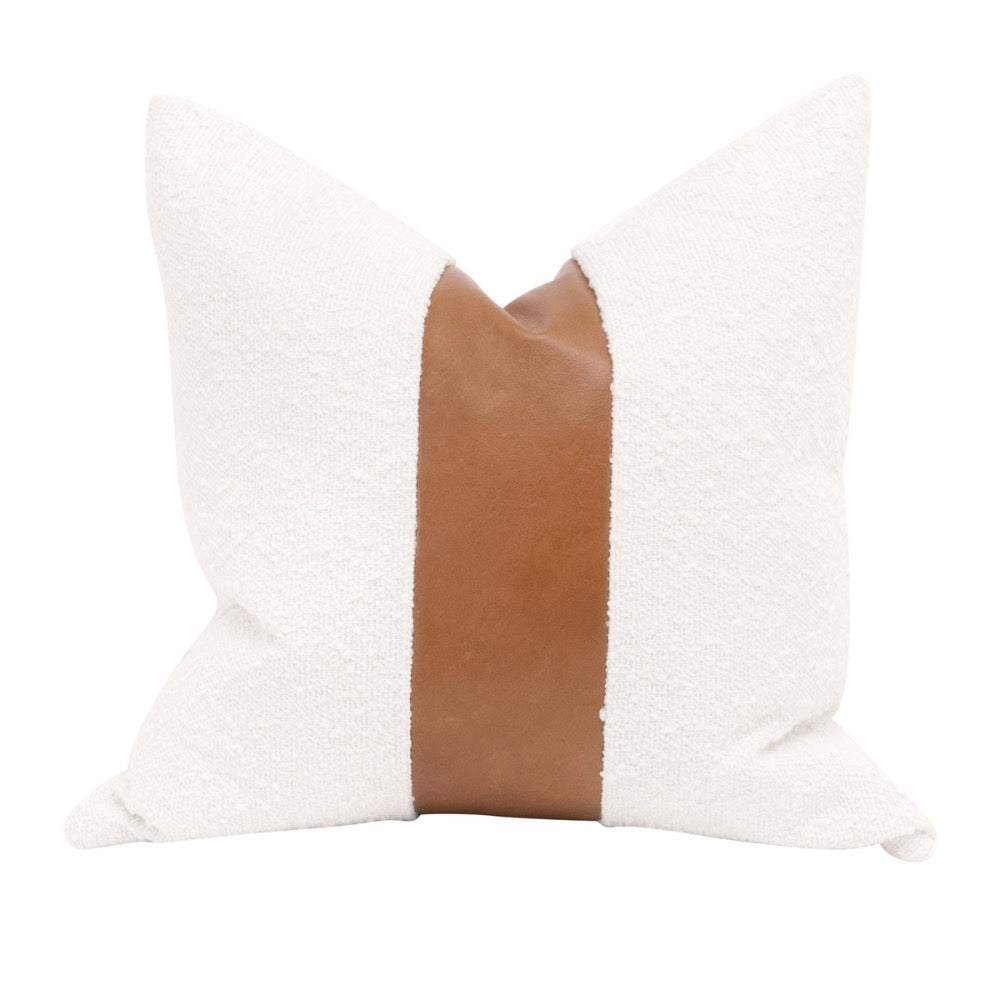 throw pillow square natural down filled boucle white fabric leather detail