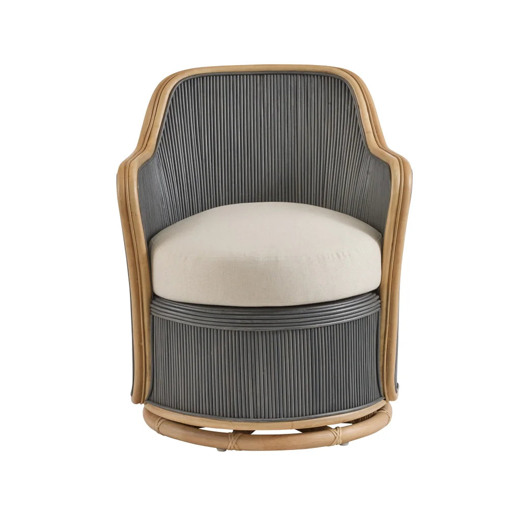 dark gray pencil rattan natural border swivel chair white cushion