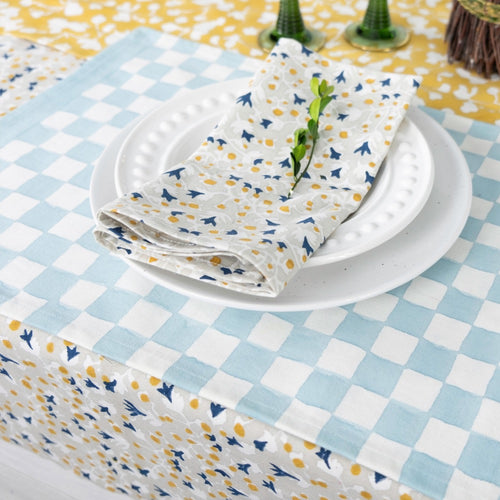 gray blue yellow floral tablecloth block printed cotton