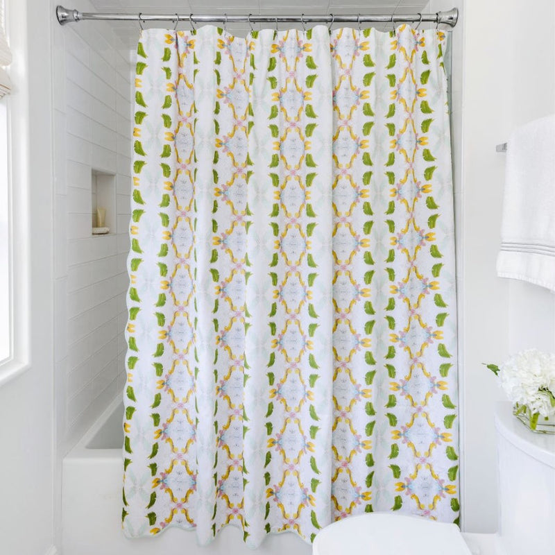 green patterned shower curtain scalloped edges