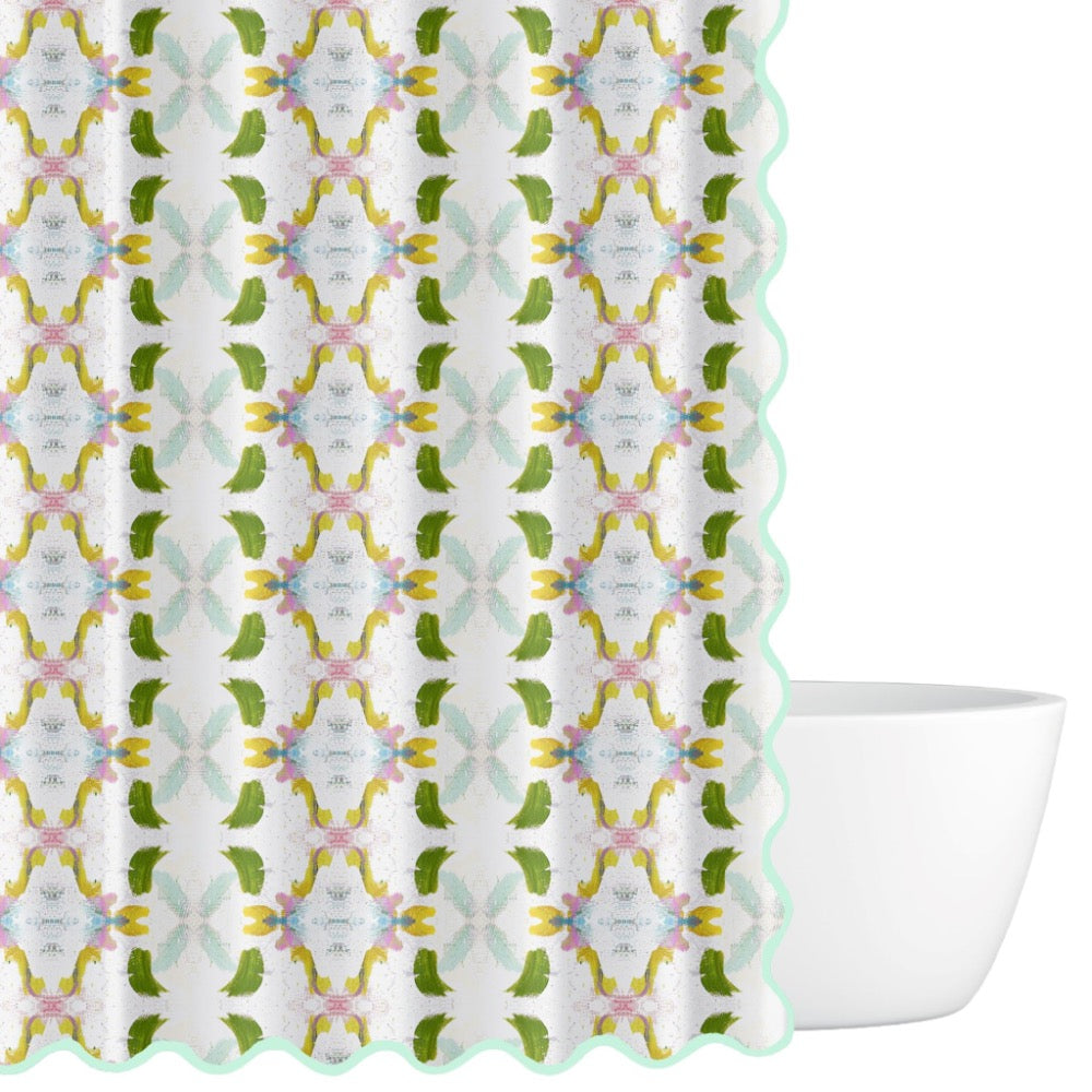 green patterned shower curtain scalloped edges