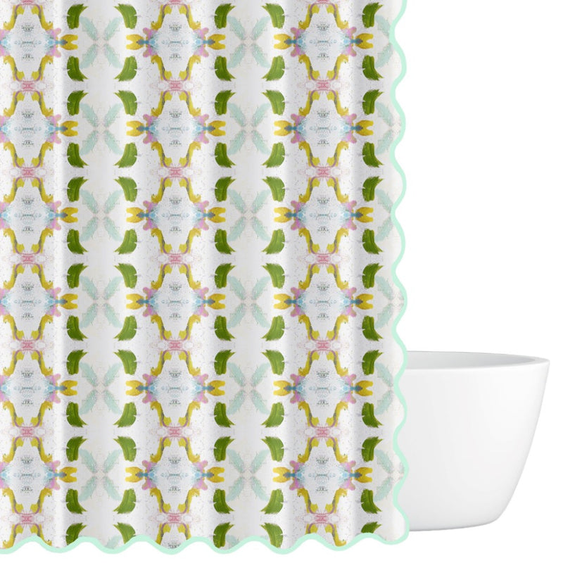 green patterned shower curtain scalloped edges