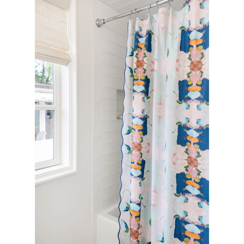 navy patterned shower curtain scalloped edges