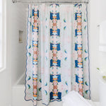 navy patterned shower curtain scalloped edges