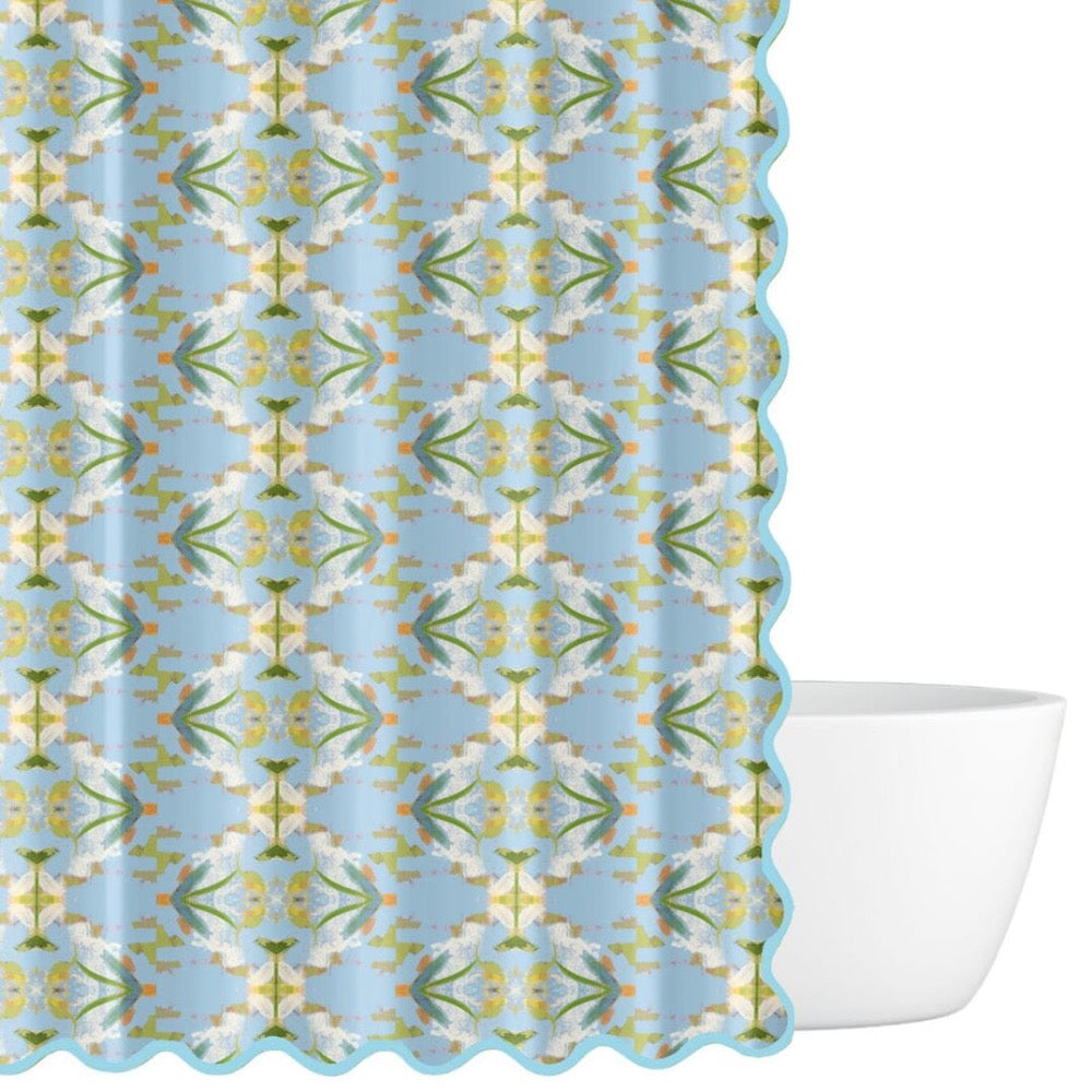 blue patterned shower curtain scalloped edges