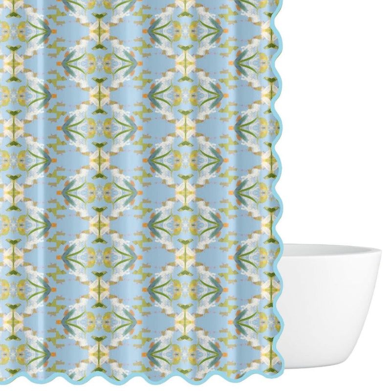 blue patterned shower curtain scalloped edges