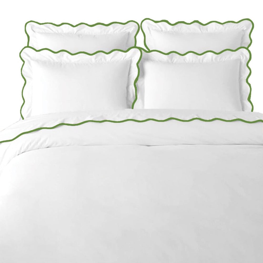 white full queen duvet green scalloped border