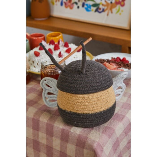 basket woven black yellow white baby bee lidded 