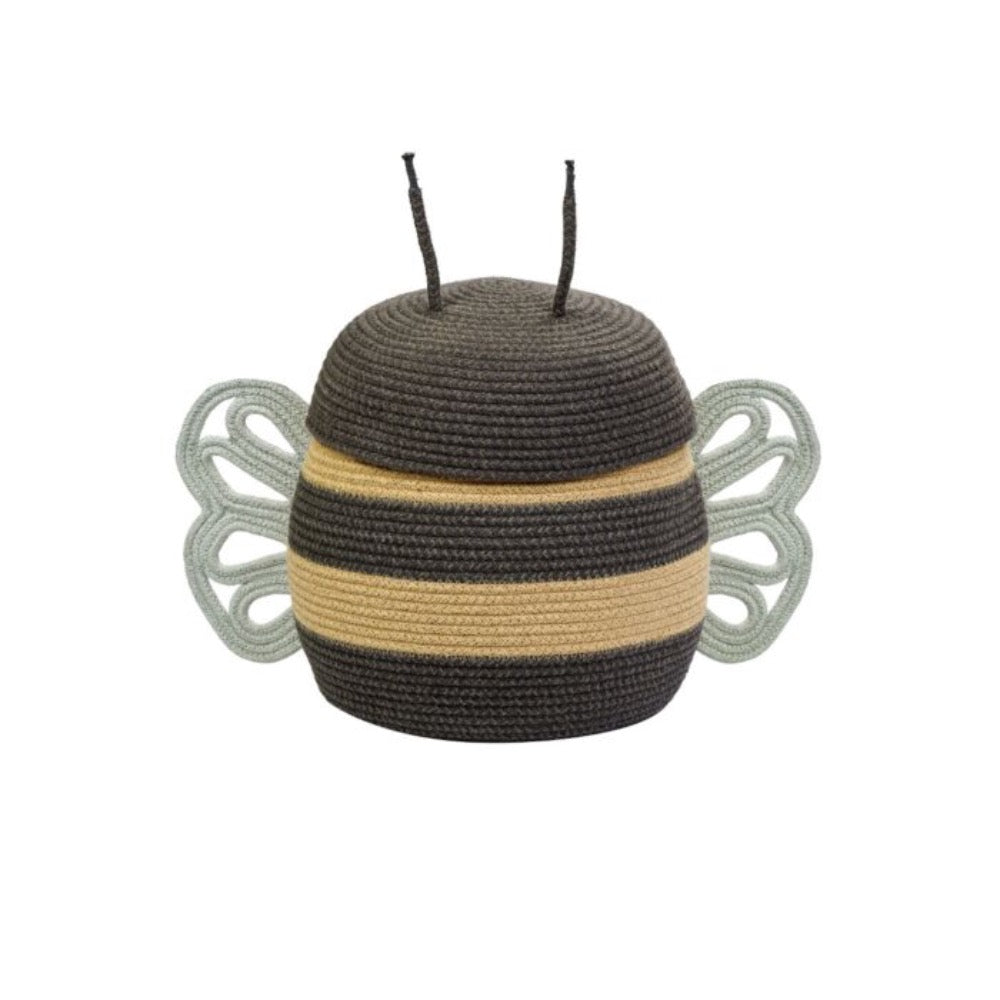 basket woven black yellow white mama bee lidded 