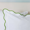 white Euro pillow sham green piping scalloped edge