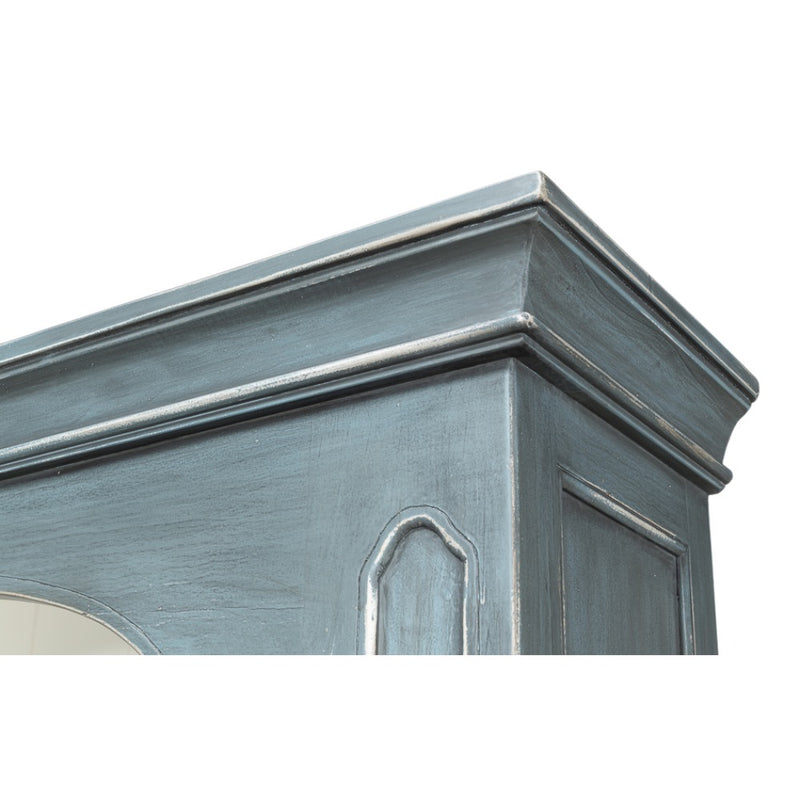 tall blue grey distressed bookcase white interior crown molding 