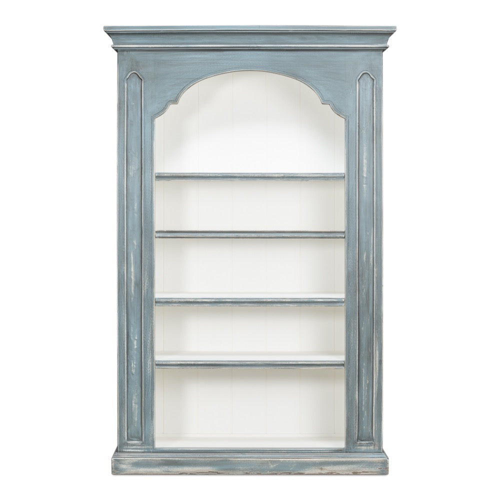 tall blue grey distressed bookcase white interior crown molding 