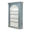 tall blue grey distressed bookcase white interior crown molding 