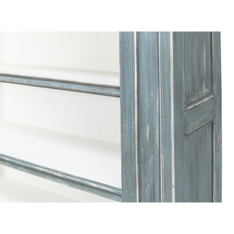 tall blue grey distressed bookcase white interior crown molding 