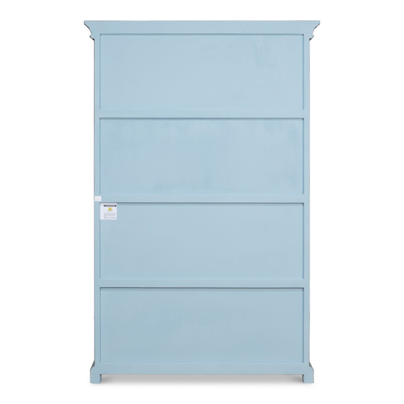 tall blue grey distressed bookcase white interior crown molding 