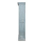 tall blue grey distressed bookcase white interior crown molding 