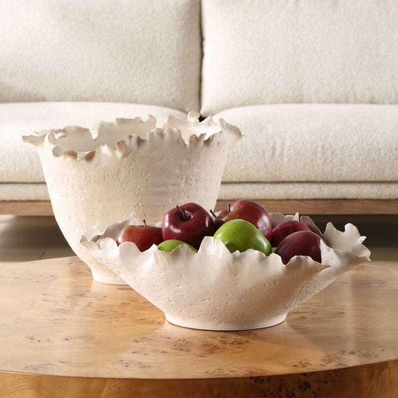 white ceramic bowl oval textured rippled edge