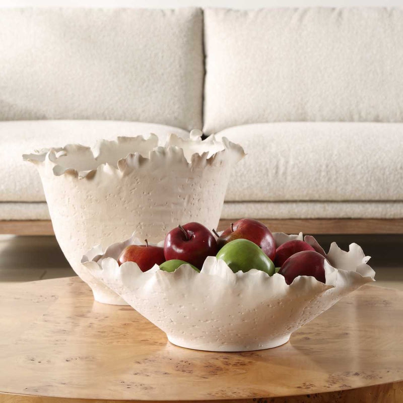 white ceramic bowl round textured rippled edge