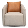 beige upholstered swivel tub chair brown leather back pillow split back