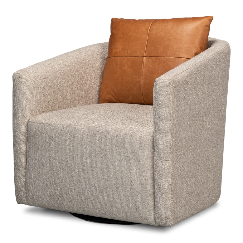 beige upholstered swivel tub chair brown leather back pillow split back