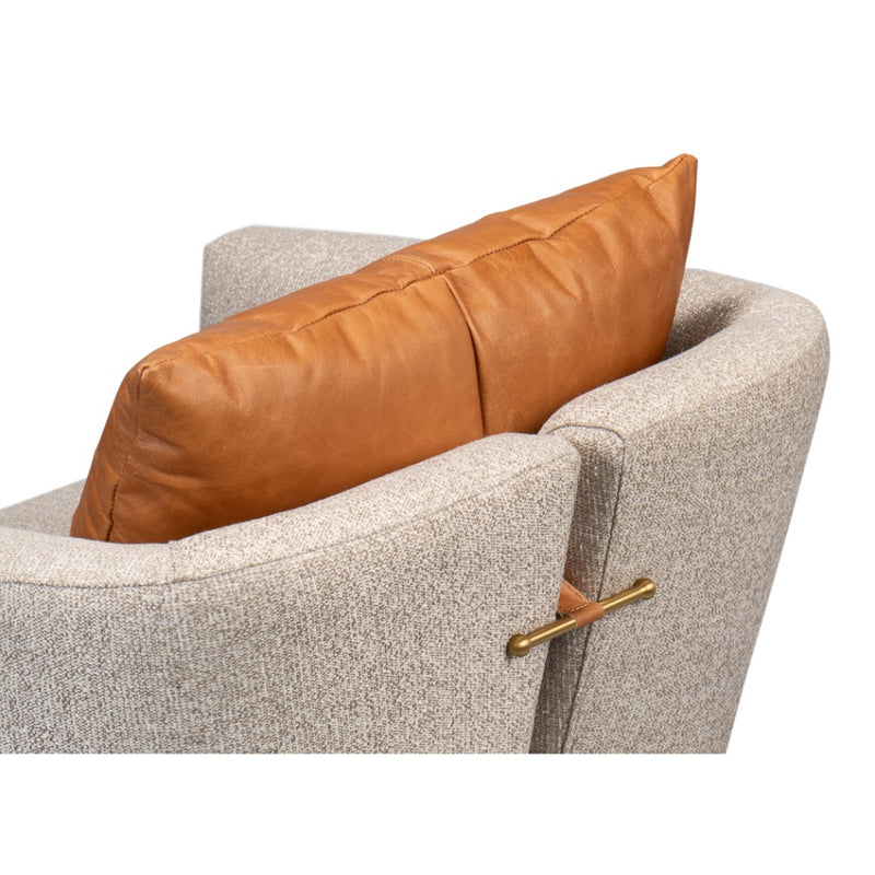 beige upholstered swivel tub chair brown leather back pillow split back