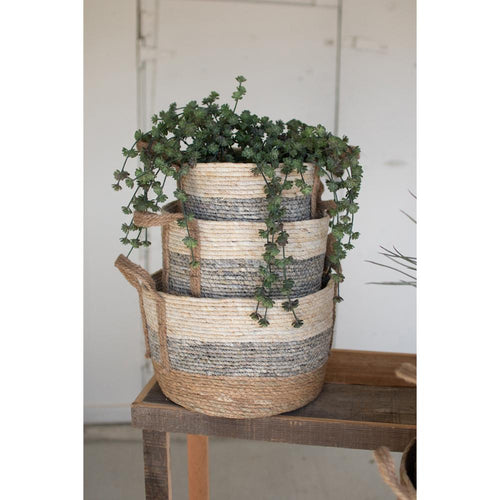 set of 3 grey stripe round rush baskets