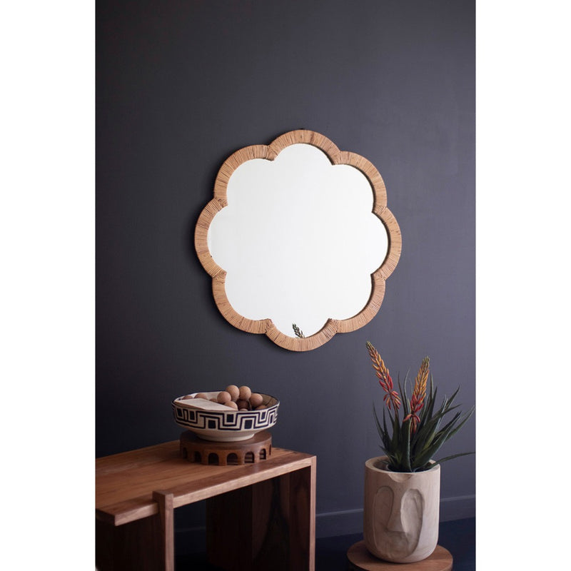 woven cane flower shaped framed mirror