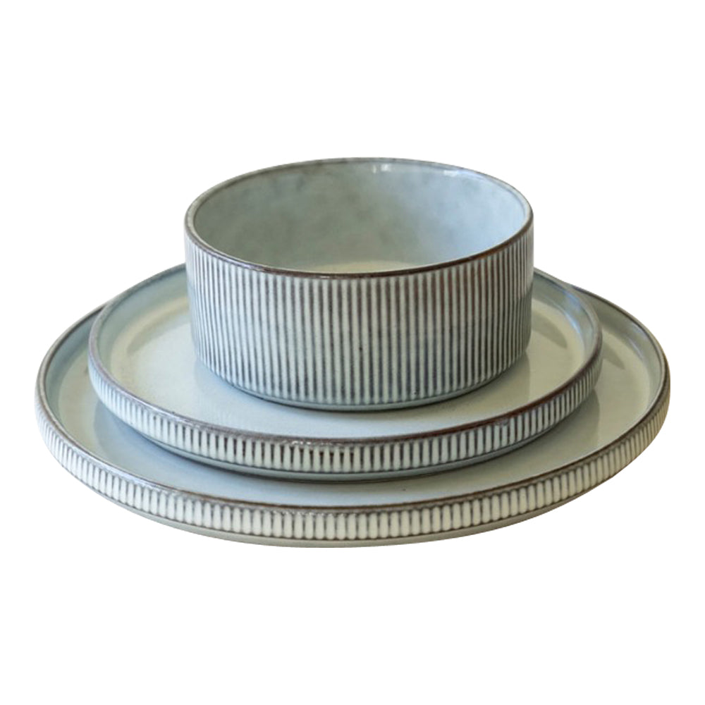 Kalalou Glacier Ceramic Dinner Collection (set of 6) features light grey dinnerware with a ribbed ceramic, striped surface.