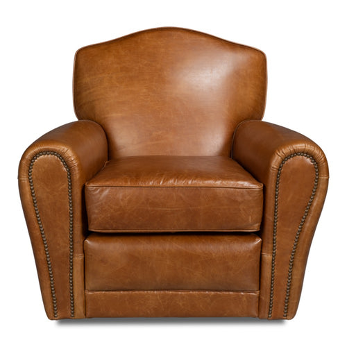 brown leather upholstered swivel chair rounded arms brass nailheads