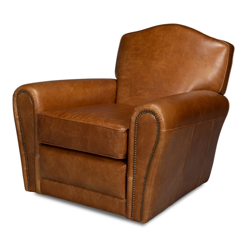 brown leather upholstered swivel chair rounded arms brass nailheads