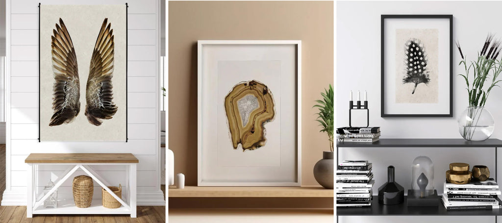 Three separate framed art pieces: bird wings on the left, abstract design in the middle, and a feather on the right.