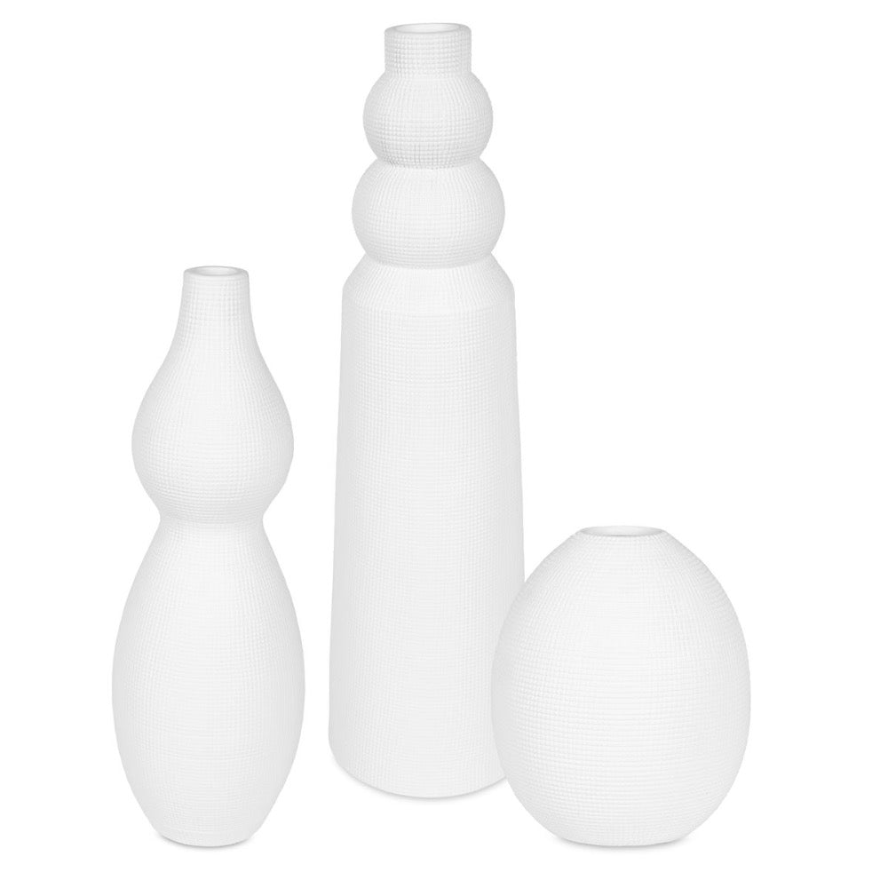 set 3 contemporary white ceramic vases textured varied sizes