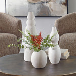 set 3 contemporary white ceramic vases textured varied sizes