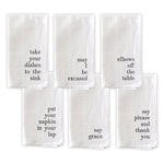 white cotton dinner napkins black print table manner wording