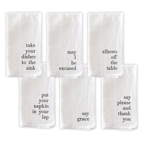 white cotton dinner napkins black print table manner wording