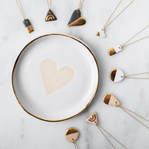 white gold round ring dish ceramic heart