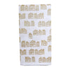 The Holiday Houses Flour Sack Kitchen Towel from Muse Textiles, featuring small, repeating house illustrations in light gray on a folded white background, adds holiday charm to your kitchen while being made from eco-friendly materials.