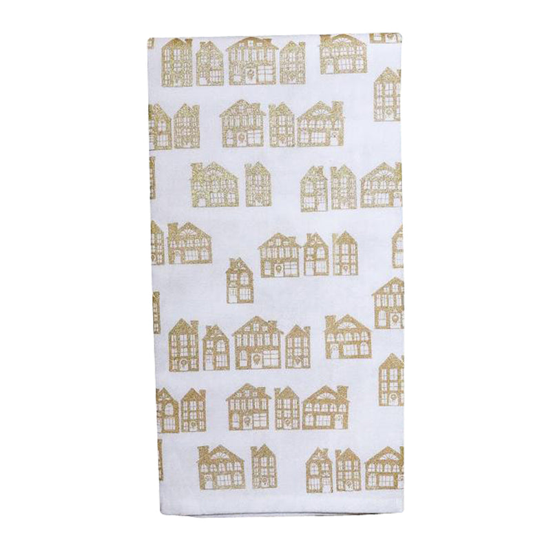 The Holiday Houses Flour Sack Kitchen Towel from Muse Textiles, featuring small, repeating house illustrations in light gray on a folded white background, adds holiday charm to your kitchen while being made from eco-friendly materials.